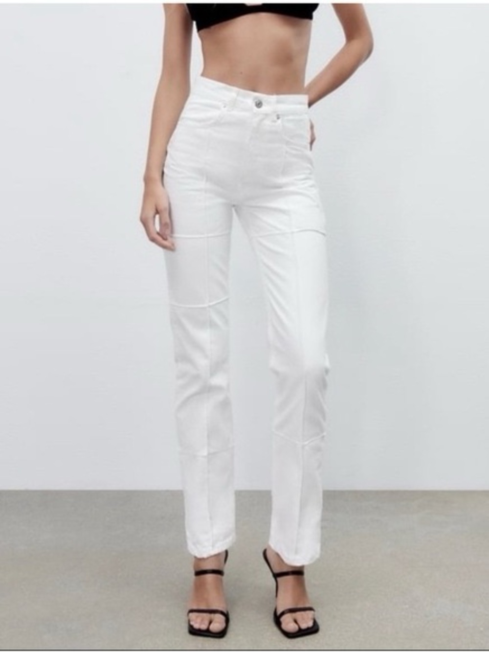 Zara • Straight Leg White High Waist Patchwork Jeans